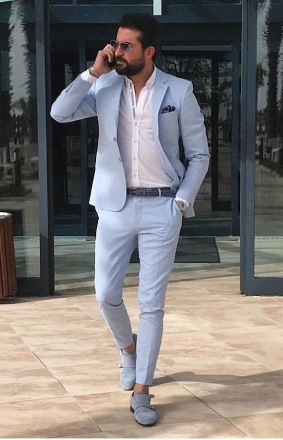 Indian Designer Light Blue One Button Body Fit Suits Groom