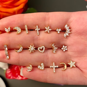 Piercing in acciaio inossidabile e zirconi - Trago, Elica, Cartilagine, Vite a lobo - Mini chip con fibbia singola - Luna, fiore, corona, stella