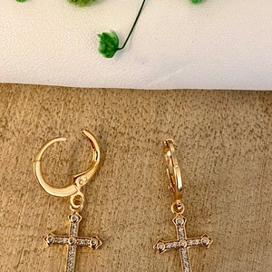 Mini dangling golden cross hoop earrings Gold and zirconium plated hoop earrings women's gift-for her-religious jewelry image 4