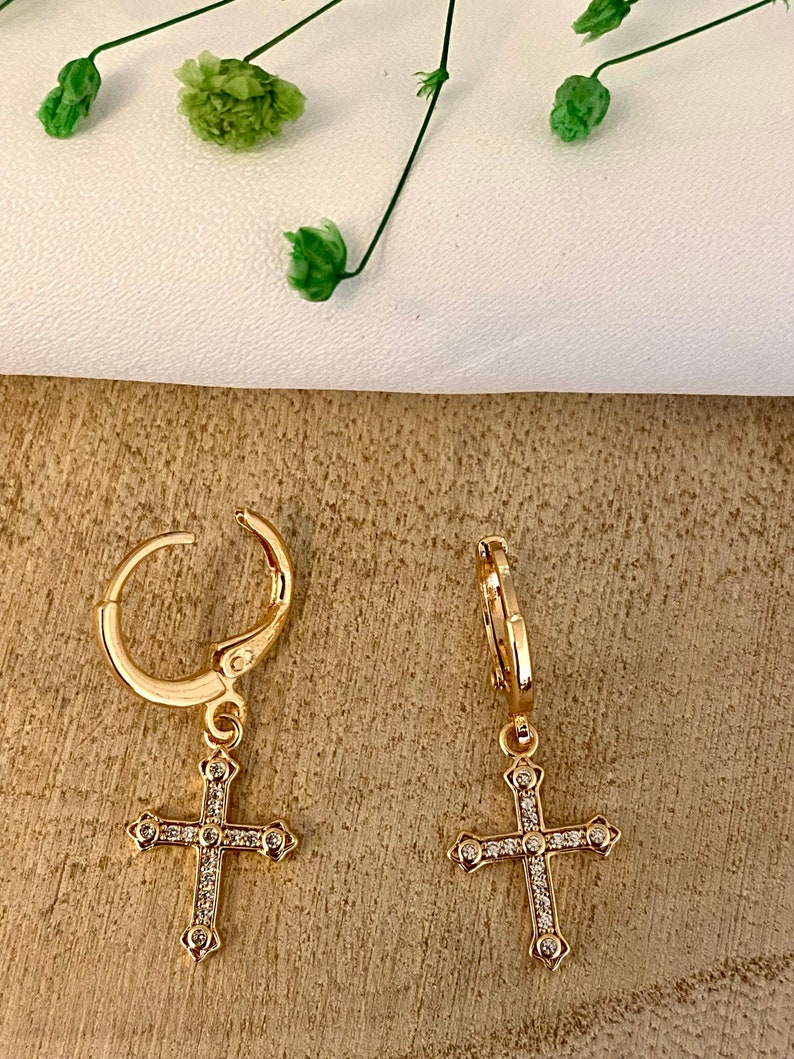 Mini dangling golden cross hoop earrings Gold and zirconium plated hoop earrings women's gift-for her-religious jewelry image 4