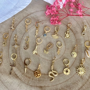 Monos-Mini hoop earrings in gold-plated brass: eyes-Moon-Blade-lightning-snake-leaf-heart-wind rose sold individually
