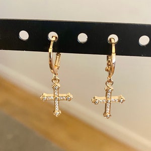 Mini dangling golden cross hoop earrings Gold and zirconium plated hoop earrings women's gift-for her-religious jewelry image 1