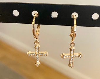 Mini dangling golden cross hoop earrings -Gold and zirconium plated hoop earrings -women's gift-for her-religious jewelry-