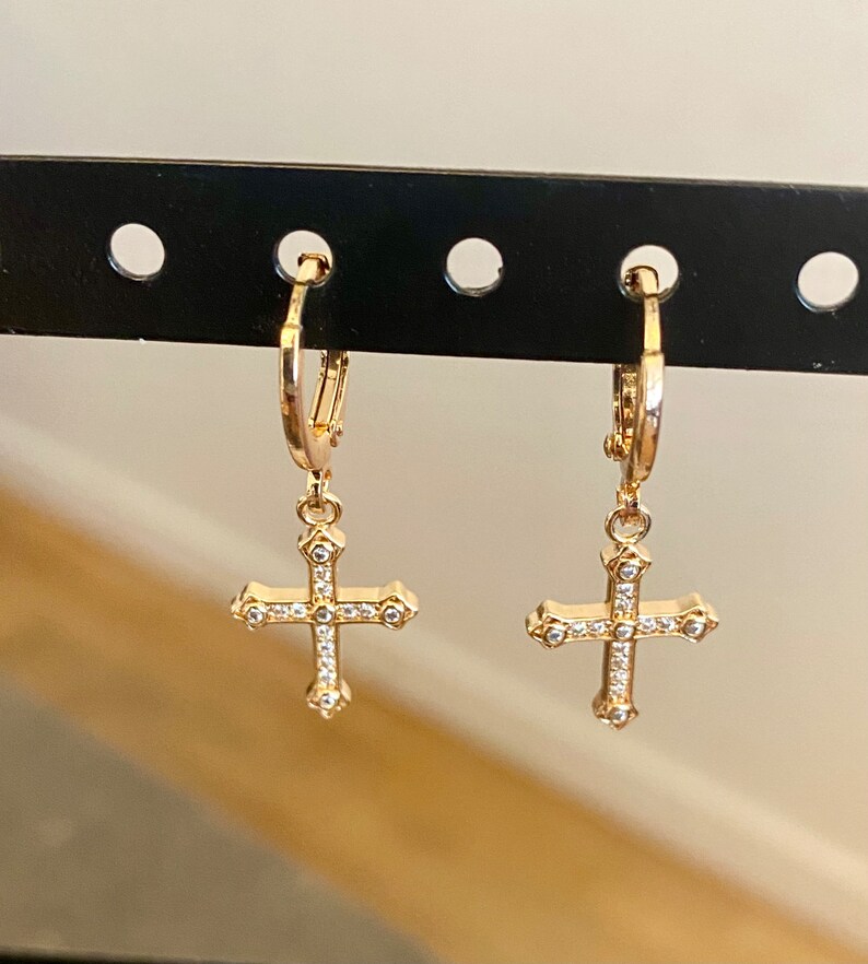 Mini dangling golden cross hoop earrings Gold and zirconium plated hoop earrings women's gift-for her-religious jewelry image 1