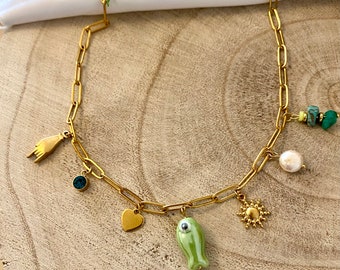 Charm necklace, grigri gold stainless steel link chain, vintage charm jewelry, women's gift, necklace with charms, green necklace