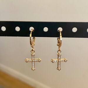 Mini dangling golden cross hoop earrings Gold and zirconium plated hoop earrings women's gift-for her-religious jewelry image 3