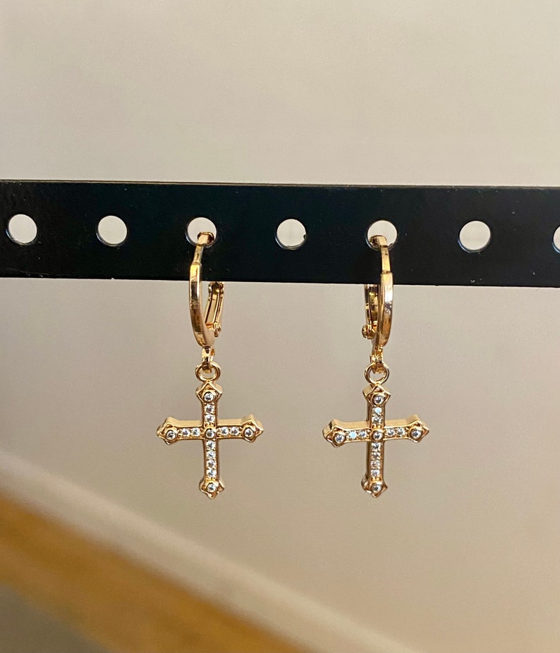 Mini dangling golden cross hoop earrings Gold and zirconium plated hoop earrings women's gift-for her-religious jewelry image 3