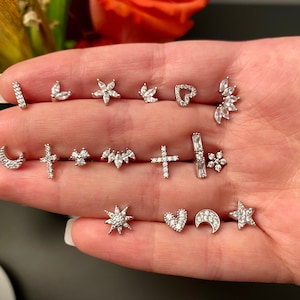 Piercing en acier inoxydable et zircons - Tragus, Hélix,Cartilage, Lobe-piercing a vis-puces-Stud-mono boucle- lune, fleur, couronne,étoile