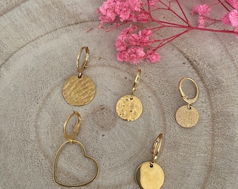Mini hoop earrings with gold stainless steel single loop Pastille/medal buckles