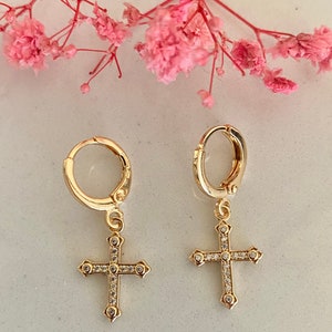 Mini dangling golden cross hoop earrings Gold and zirconium plated hoop earrings women's gift-for her-religious jewelry image 2