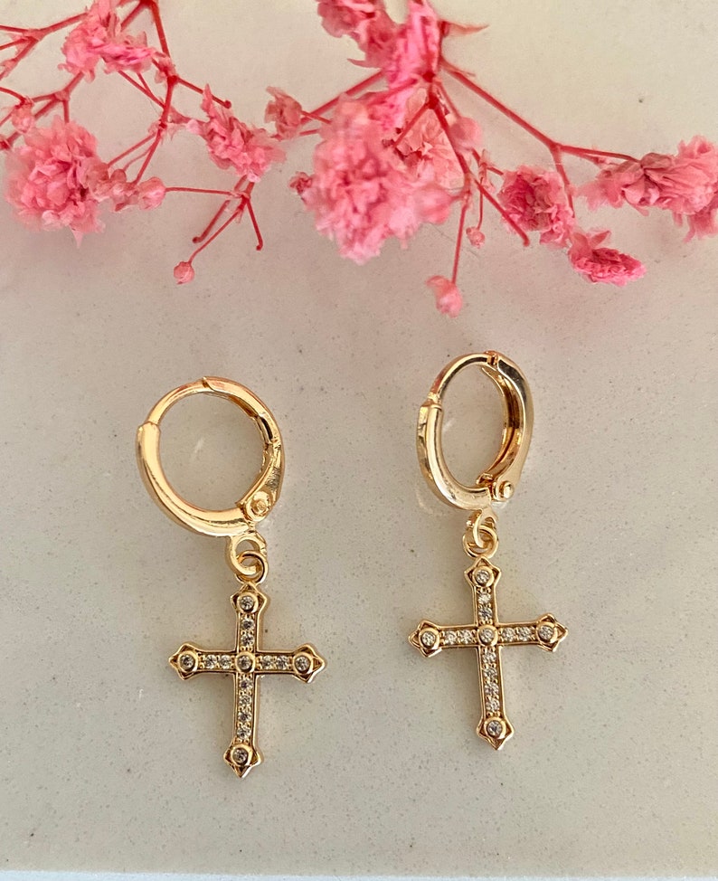 Mini dangling golden cross hoop earrings Gold and zirconium plated hoop earrings women's gift-for her-religious jewelry image 2