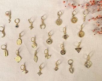 Monos-Mini hoop earrings in gold-plated stainless steel: eyes-moon-blade-lightning-snake-leaf-heart-wind rose sold individually