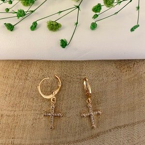 Mini dangling golden cross hoop earrings Gold and zirconium plated hoop earrings women's gift-for her-religious jewelry image 5