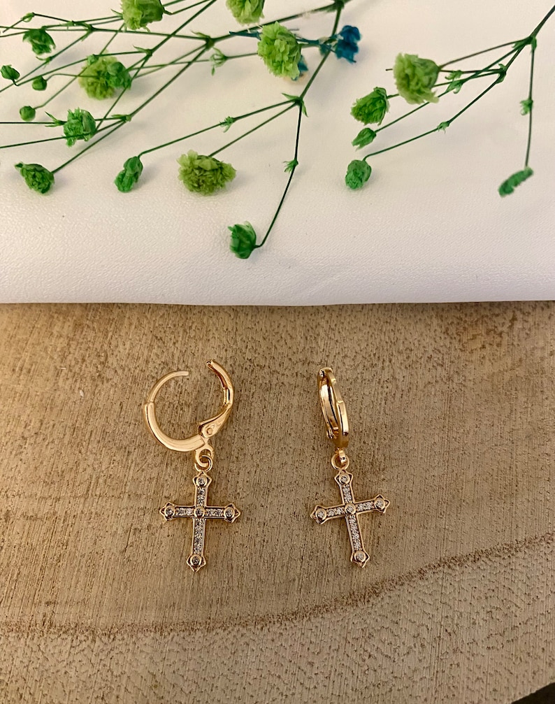 Mini dangling golden cross hoop earrings Gold and zirconium plated hoop earrings women's gift-for her-religious jewelry image 5