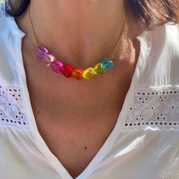 Collier NEWHEART coeurs transparents colorés et chaîne en acier inoxydable doré -cadeau fête des mères -summer