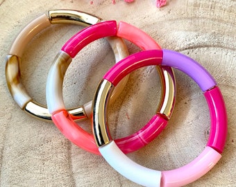 Bracelet jonc tendance en perles tubes incurvées acryliques - bracelet tendance -Bracelet multicolore-cadeau femme