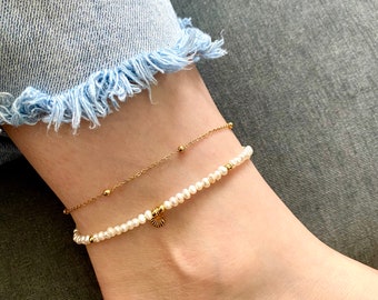 Handmade Mini Freshwater Pearl Anklet / Ball Chain / Ankle Bracelet / Anklet for Women Birthday Gift