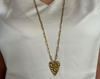 Link necklace, long necklace with a heart pendant in gold-tone stainless steel - long necklace - gift for women - trendy necklace - Valentine's Day