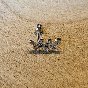 925 sterling silver piercing and zircons Tragus, Helix, Cartilage, Lobe-screw piercing Mini chips bay leaf with zirconium argent