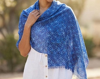 Bufanda Flor de la Vida, Chal Boho Azulejo Azul, Geometría Sagrada