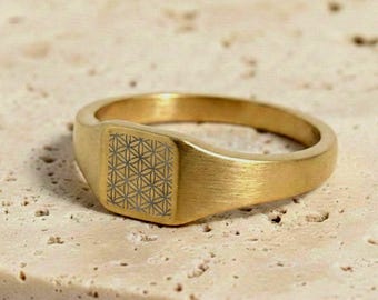 Anillo de sello Flor de la Vida / Joyería de geometría sagrada de acero inoxidable chapado en oro