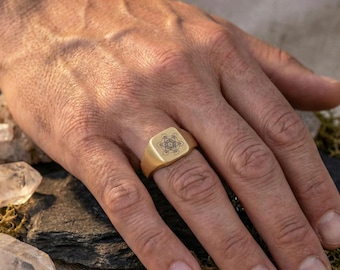 Anillo de sello con grabado del Cubo de Metatrón / Anillo de geometría sagrada de acero inoxidable chapado en oro