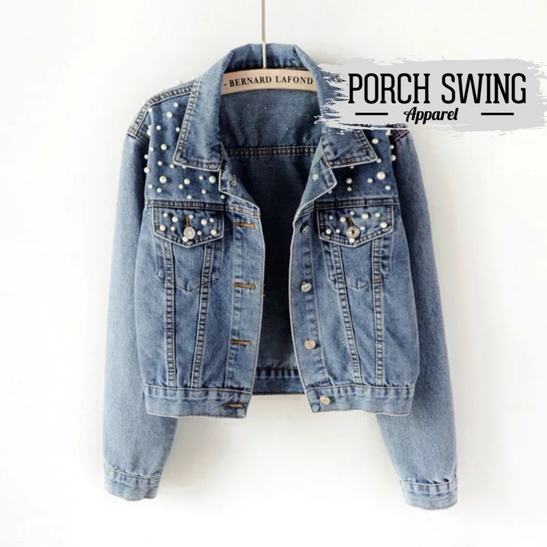 Jacket customized for Her Gift for Mom, Wedding Jackets Bridal Party Boho Floral Pearl Denim Jacket Mother of the Bride Denim Jacket