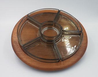 Digsmed Design Danish Mid-Century Teak Lazy Susan Turntable with 6 Glass Dishes, c.1960s