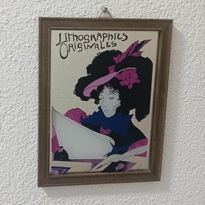 Vintage Advertising Mirror by French Artist Georges de Feure, Lithographies Originales, Victorian Lady, Woodwork Frame, c.1980s