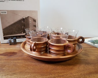 Vintage c.1960s Swiss Wooden Teak Tea Set (Six Cups and Tray)