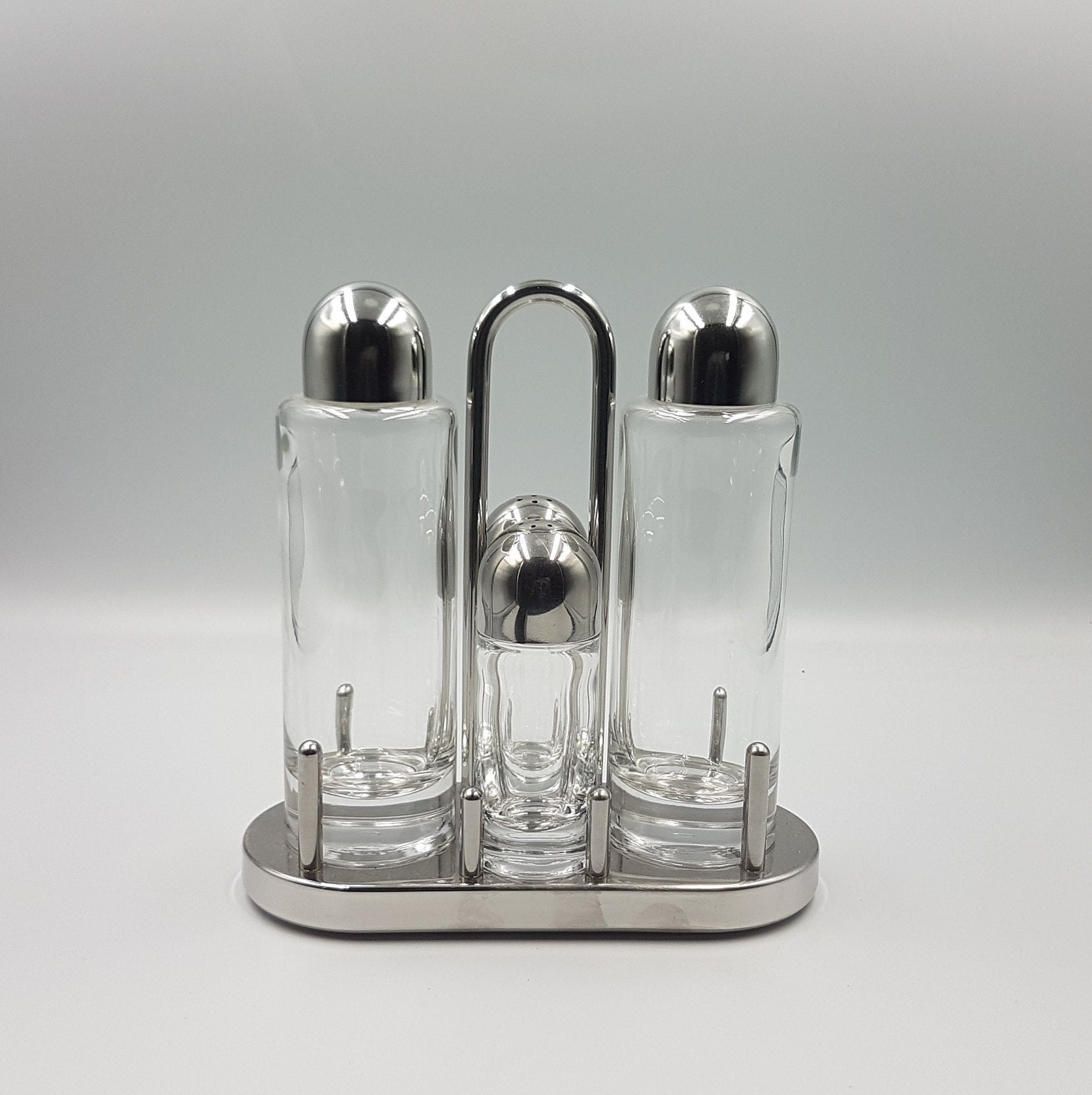 Ettore Sottsass per Alessi Set di condimenti olio aceto sale e pepe anni  '80 circa Inox Made in Italy -  Italia