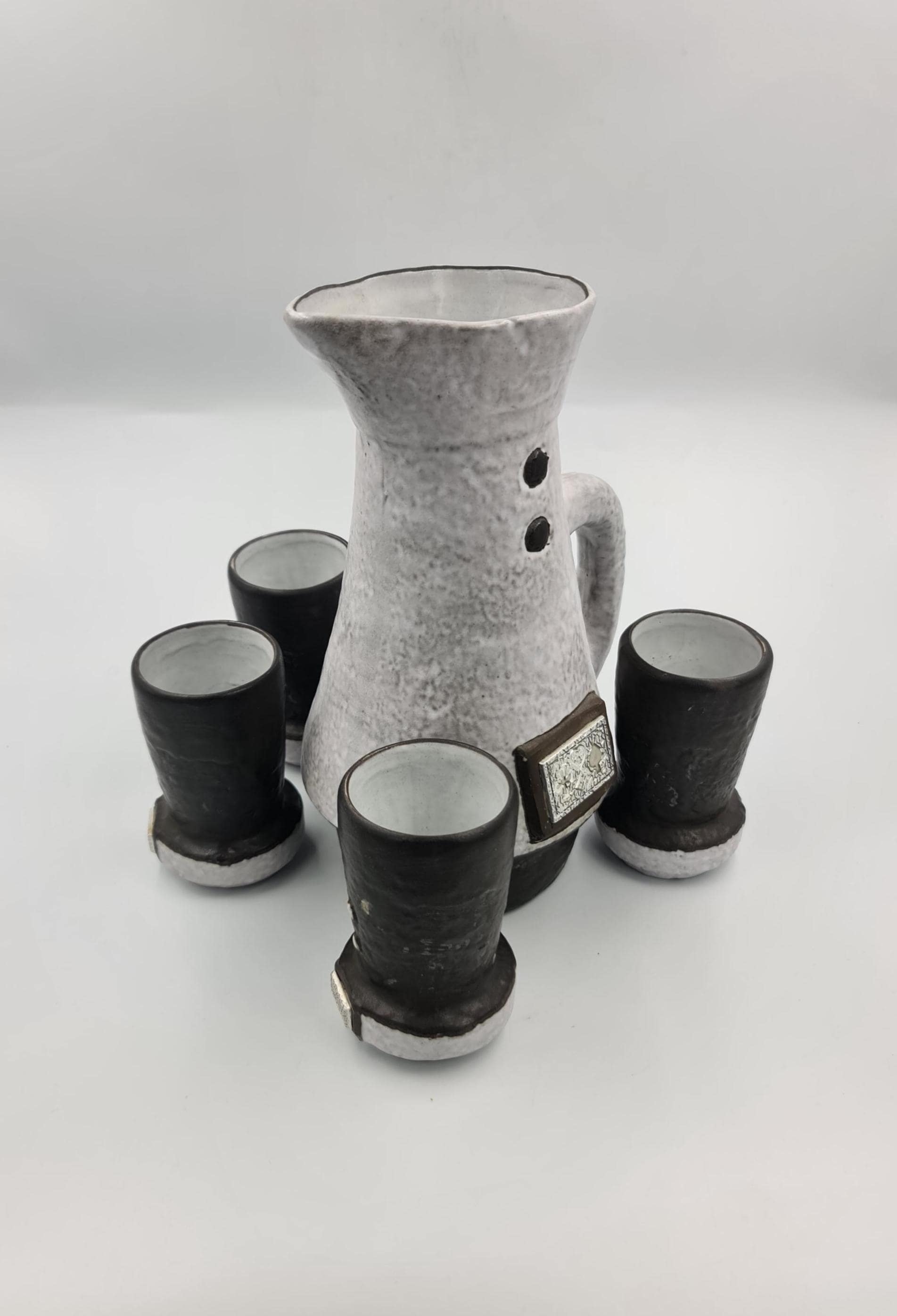 Vintage Ceramano Pottery Pitcher and Cups, Fata Lava Glazing