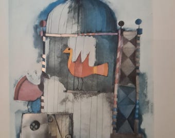 Litografía vintage de Rosina Wachtmeister &quot;Jaula con pájaro&quot;, 313/900, lámina de plata, sin marco, 33 x 43,5 cm.
