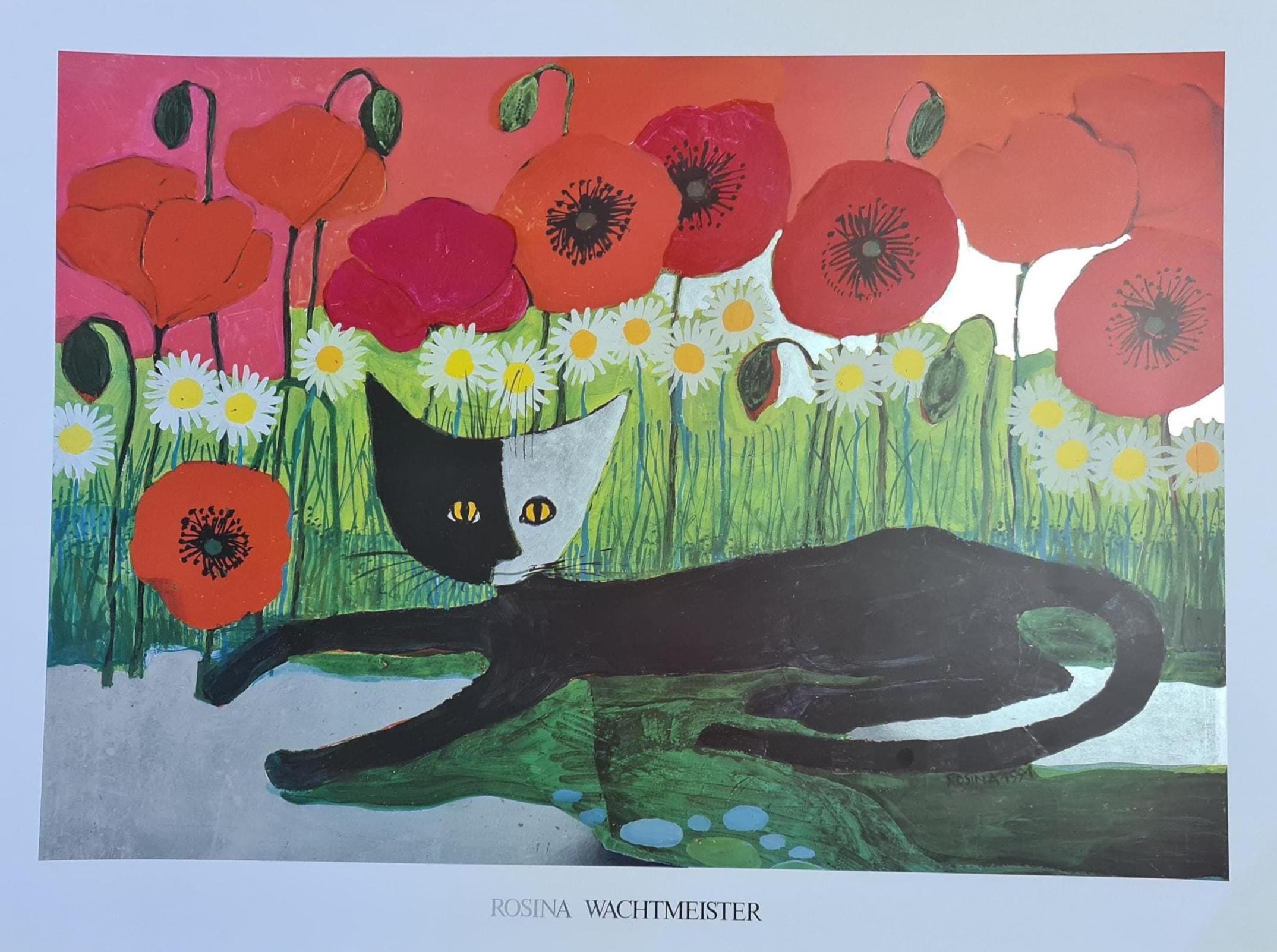 Rosanna Cattaneo 絵画 Rosina Wachtmeister Cat Art Print – Black Cat, Poppy Field, Silver