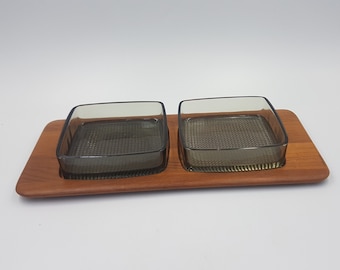Digsmed Mid-20th Century Danish Design Teak Tray with Two Glass Serving Dishes Made in Denmark