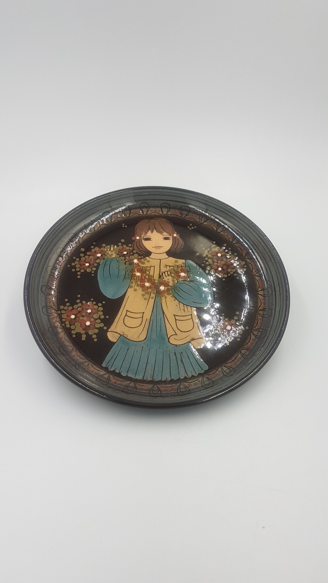 Swiss Studio Pottery Plate by Rheinfelden Ceramics Girl With Flowers, C