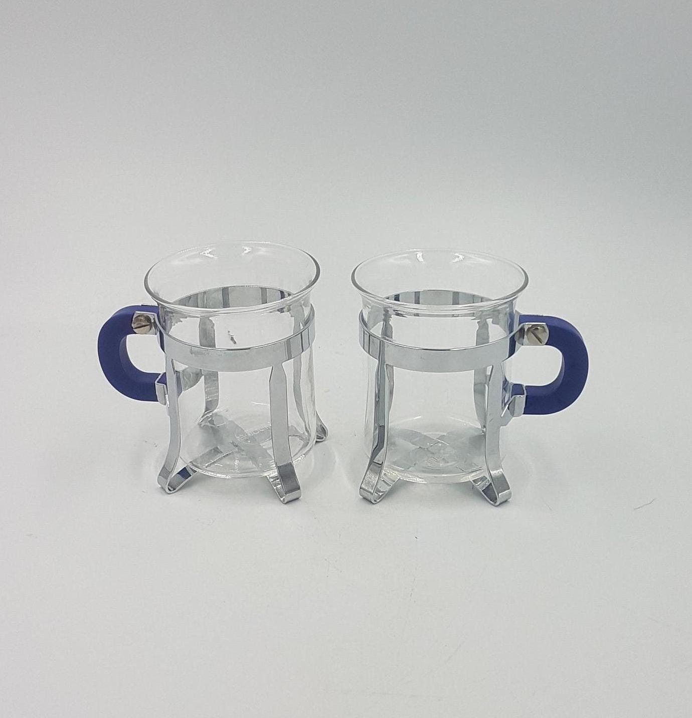 Bodum Chambord Glass Tea Coffee Cups Set of Two With Blue Handle