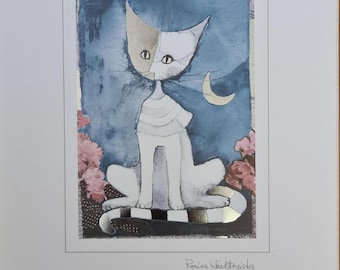 Rosina Wachtmeister Verkerke Special Edition White Cat Silver Foil Enhanced Picture, in Silvery Frame, 31cmx24.5cm, 1987
