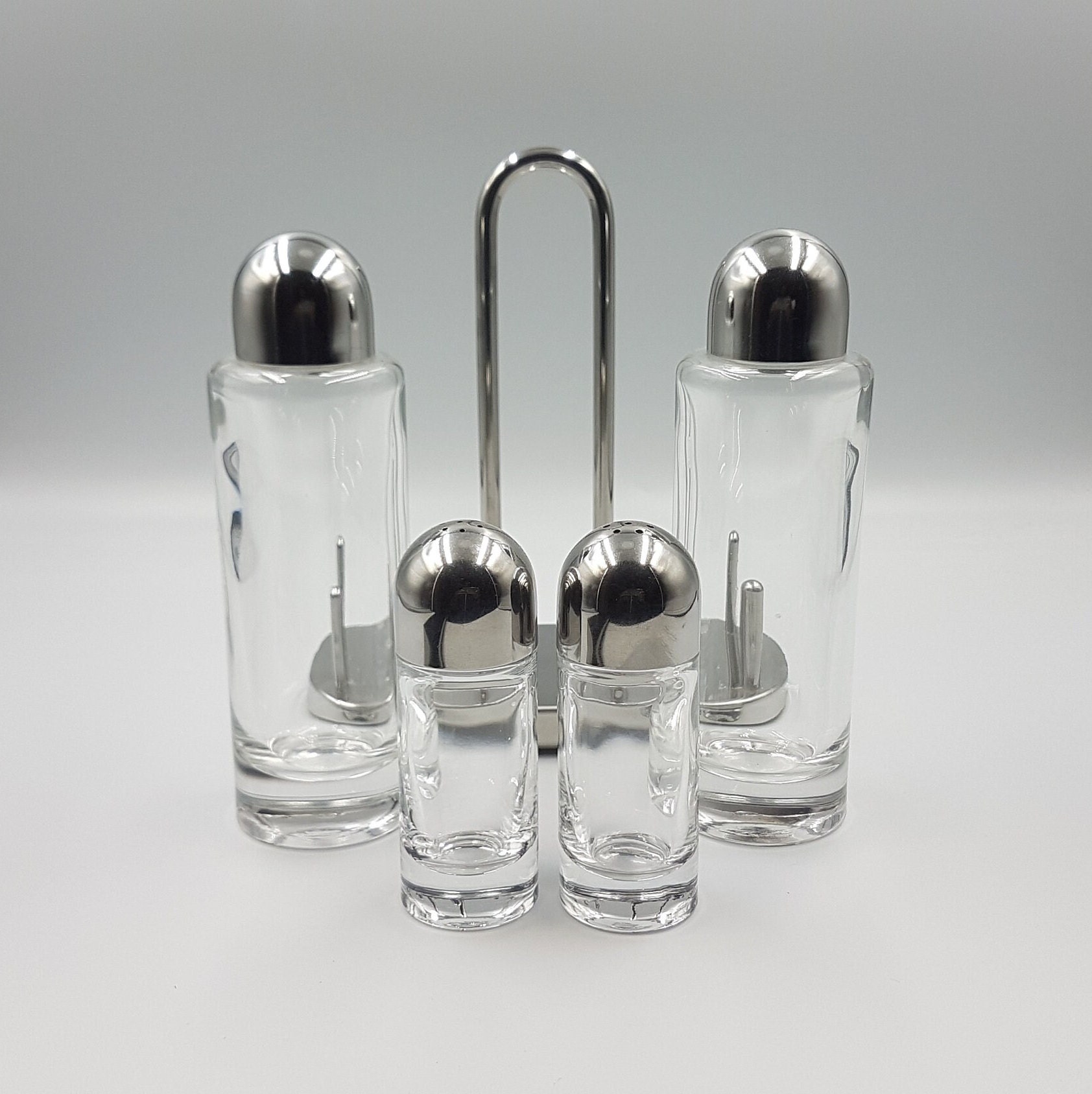 Ettore Sottsass for Alessi C.1980's Condiment Set Oil Vinegar Salt & Pepper  Inox Made in Italy 