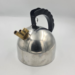 May include: A stainless steel camping kettle with a black handle and brass spout. The kettle has a rounded body and a black, ridged handle. The spout is made of brass and has two openings. This kettle is designed for outdoor use.