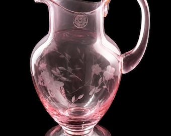 Lenox Butterfly Meadow Pink Glass Pitcher 48 oz Etched Floral & Butterfly Cottage Decor Discontinued