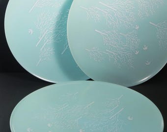 Vintage Lucent Melamine Dinner Plates Set of 3 Mid Century Modern White Branch  Bird Pattern
