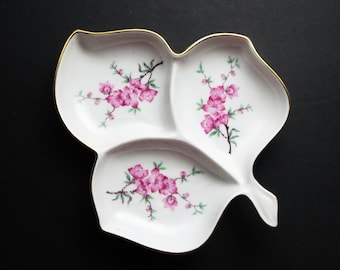 Vintage Mitterteich Bavaria Germany Leaf Shaped Divided Porcelain Candy Dish Pink Floral Gold Gilt