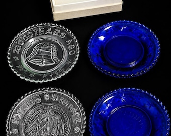 Vintage Cobalt Blue Glass Coaster Set of 4 Original Gift Box