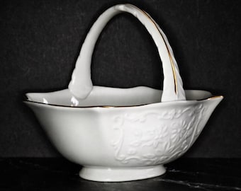 Vintage Lenox Porcelain Sans Souci Basket White Gold Trim Decor Accent USA Made