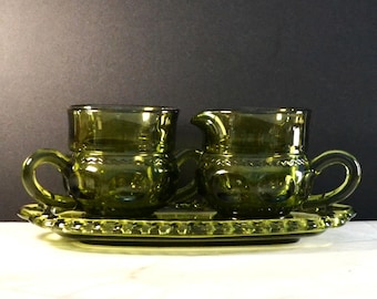 Vintage Indiana Glass King's Crown Thumbprint 3pc Set Creamer Sugar