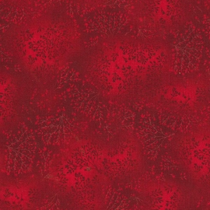 May include: Red fabric with a subtle, repeating pattern of dark brown floral sprigs.