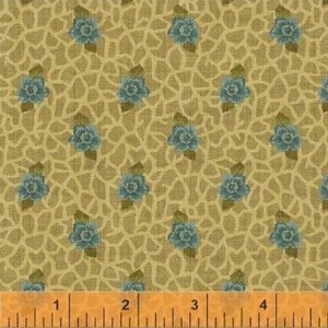 May include: A beige fabric with a repeating pattern of blue flowers on a beige background. The fabric has a textured, woven look.