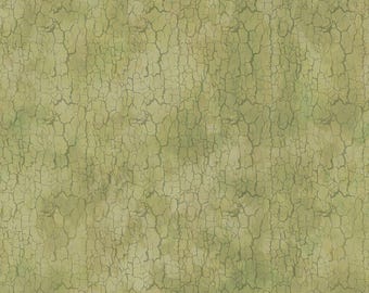 Puede incluir: Una tela sin costuras con una apariencia texturizada y agrietada. La paleta de colores es una mezcla de verde oliva y beige, con líneas verdes más oscuras que crean el efecto agrietado. Este diseño textil se asemeja a superficies envejecidas o desgastadas.