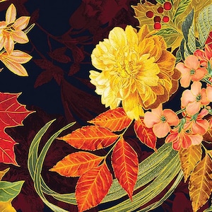 Harvest Festival by Greta Lynn for Benartex 14040M-12 Large Floral Black sold by the 1/2 yd.